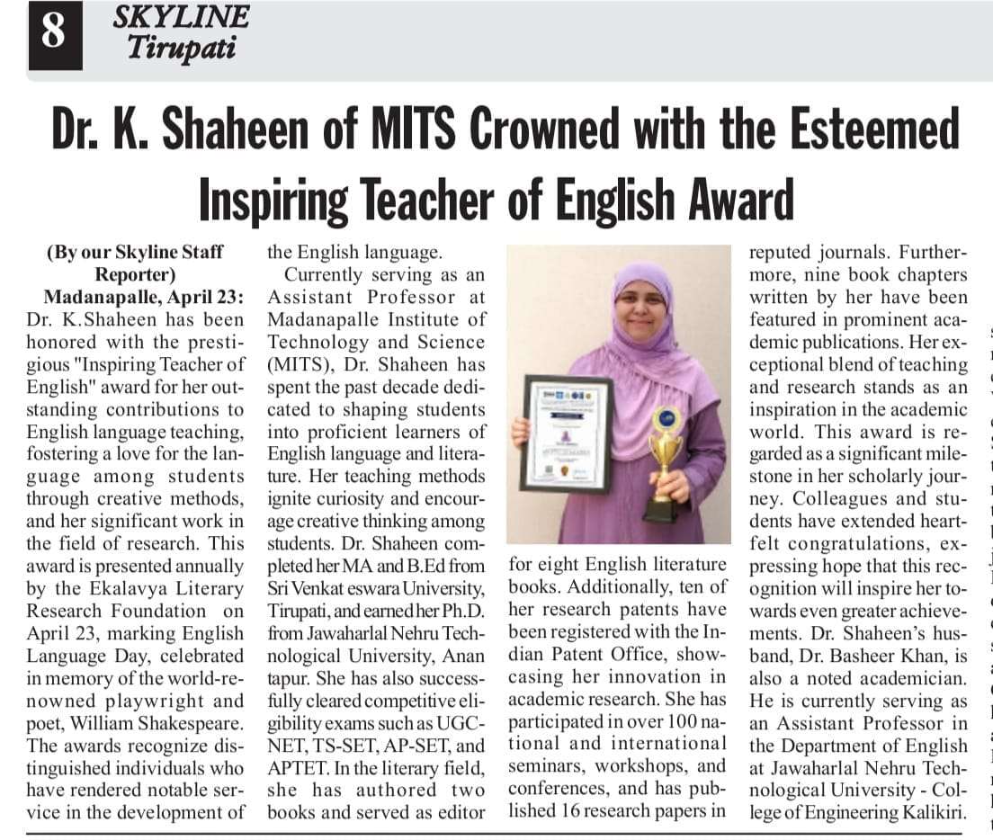 Dr. K. Shaheen Crowned with “Inspiring Teacher of English” Award-2025