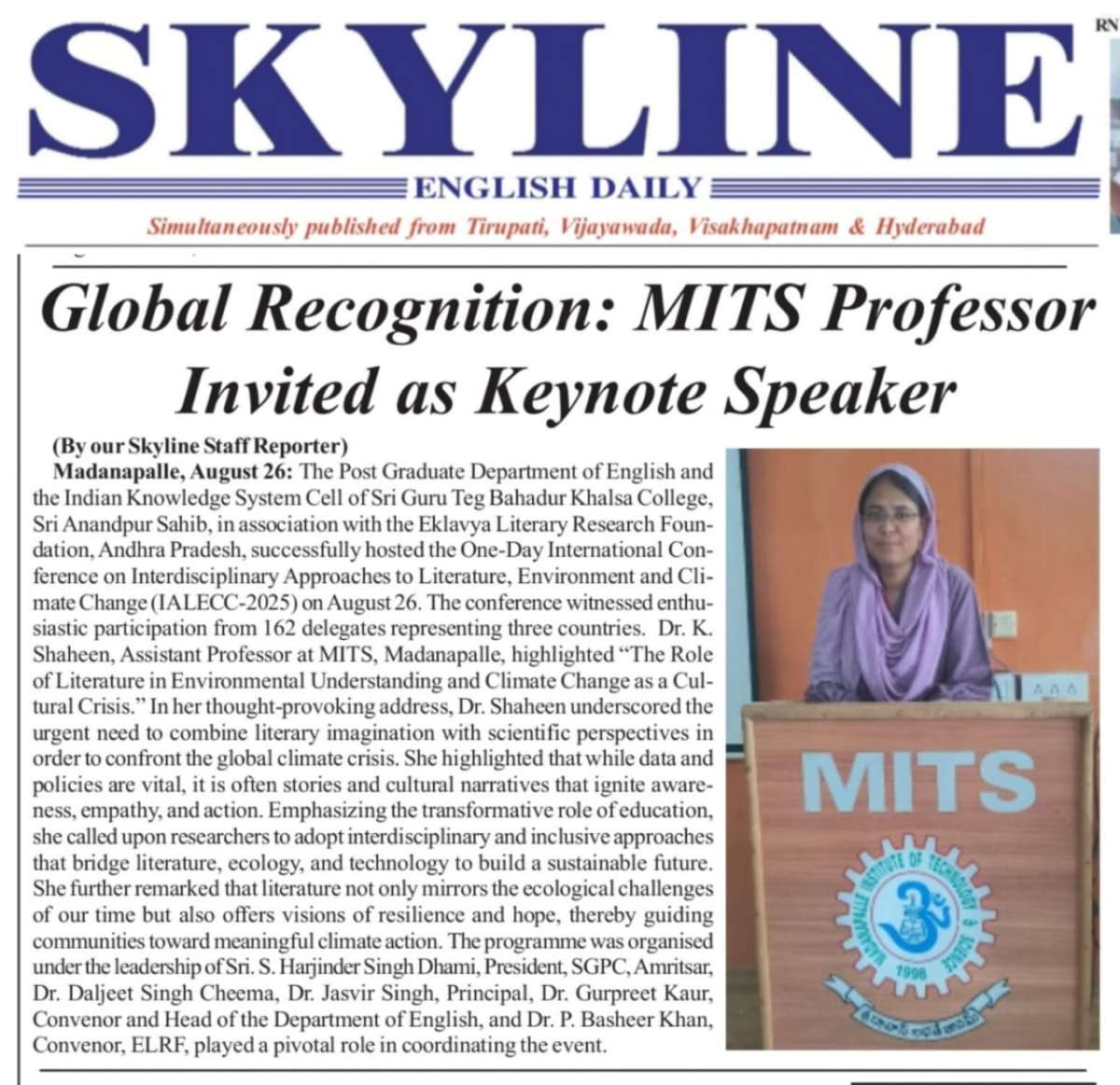 MITS Professor Invited as Keynote Speaker